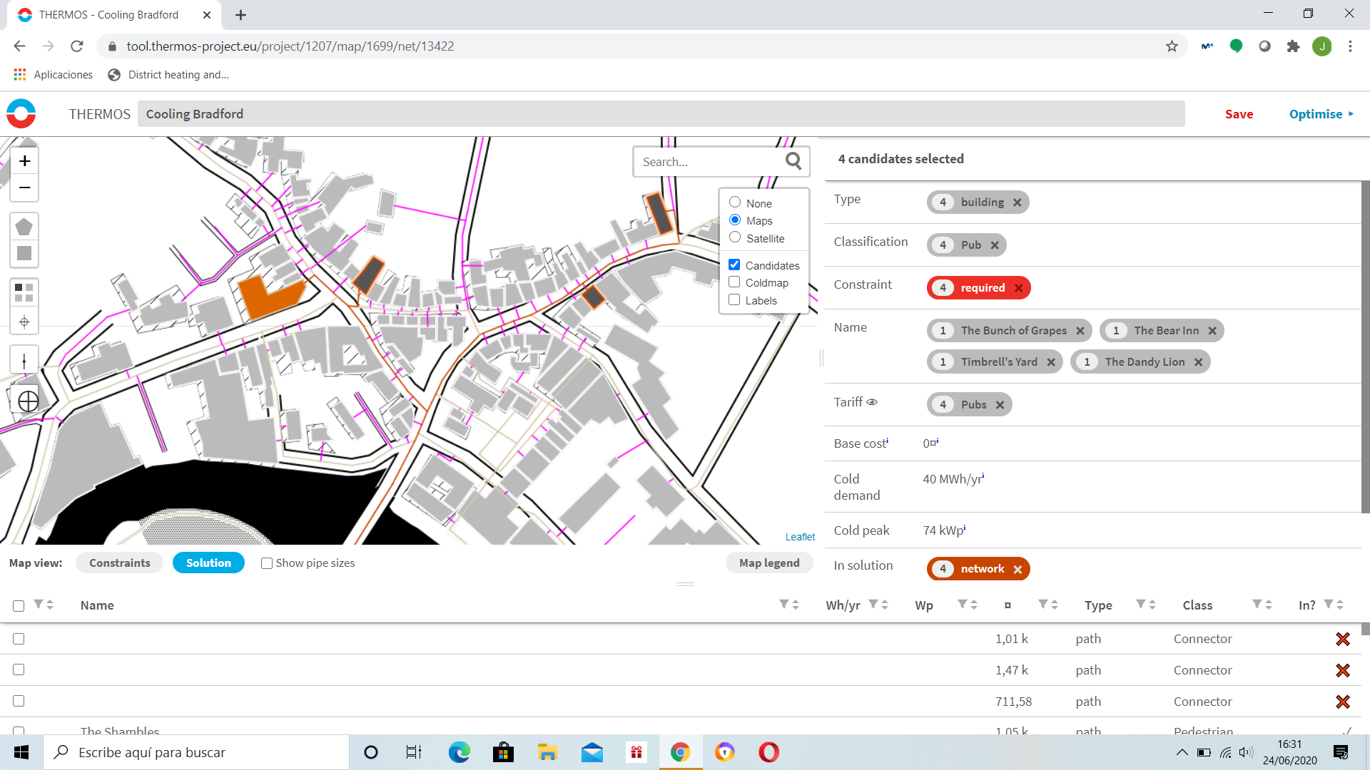 A THERMOS cold network solution shown over a street map: candidate pubs selected as required connections, with the optimised pipe network drawn along the streets and a panel listing cold demand and cold peak for the selection.