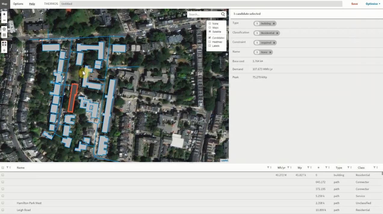The THERMOS map view: a satellite image of a residential neighbourhood with candidate buildings and street segments highlighted, and a panel showing the base cost, annual demand and peak load of the selected building.